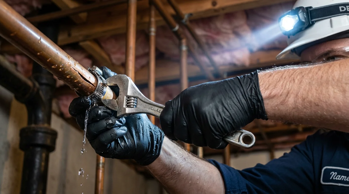 Emergency pipe clamp repair being performed by a Johns Plumbing LLC plumber in Blairsville