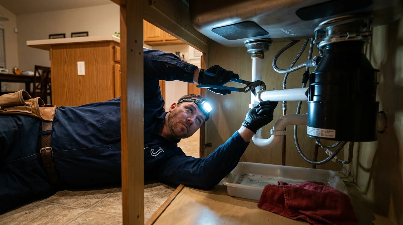 P-trap and supply line connections under a kitchen sink showing a common leak point in Blairsville, PA